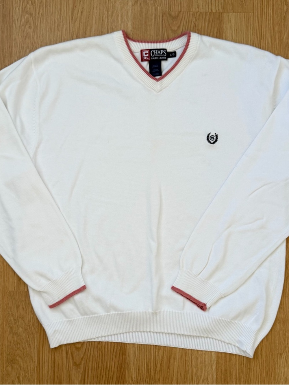 Chaps Ralph Lauren Mens Large V Neck Sweater White Cotton Embroidered Logo